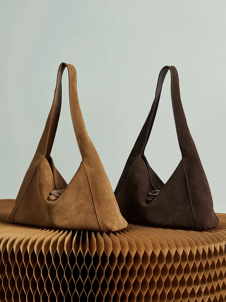 Suede Triangle Shoulder Bag — BODA leather handbag manufacturing