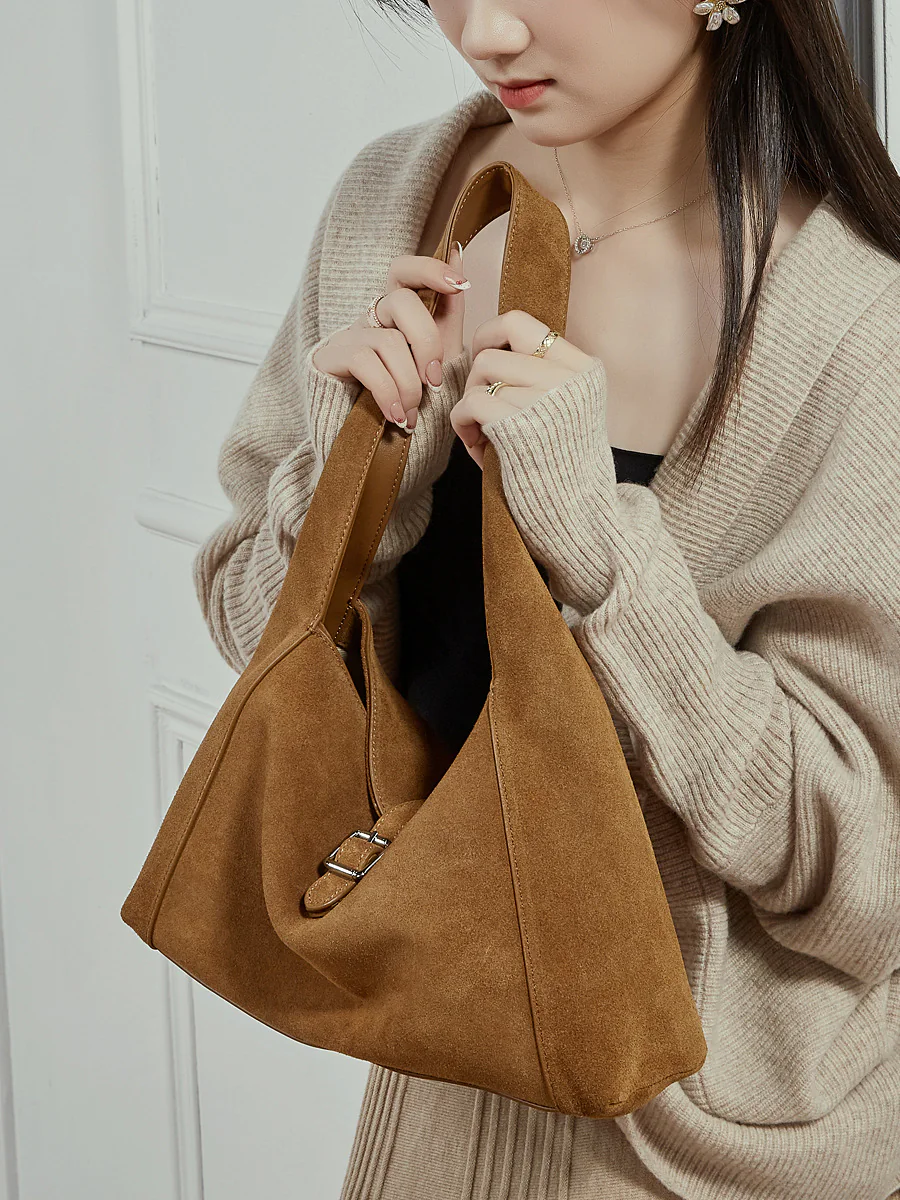 Suede Triangle Shoulder Bag — BODA leather handbag manufacturing