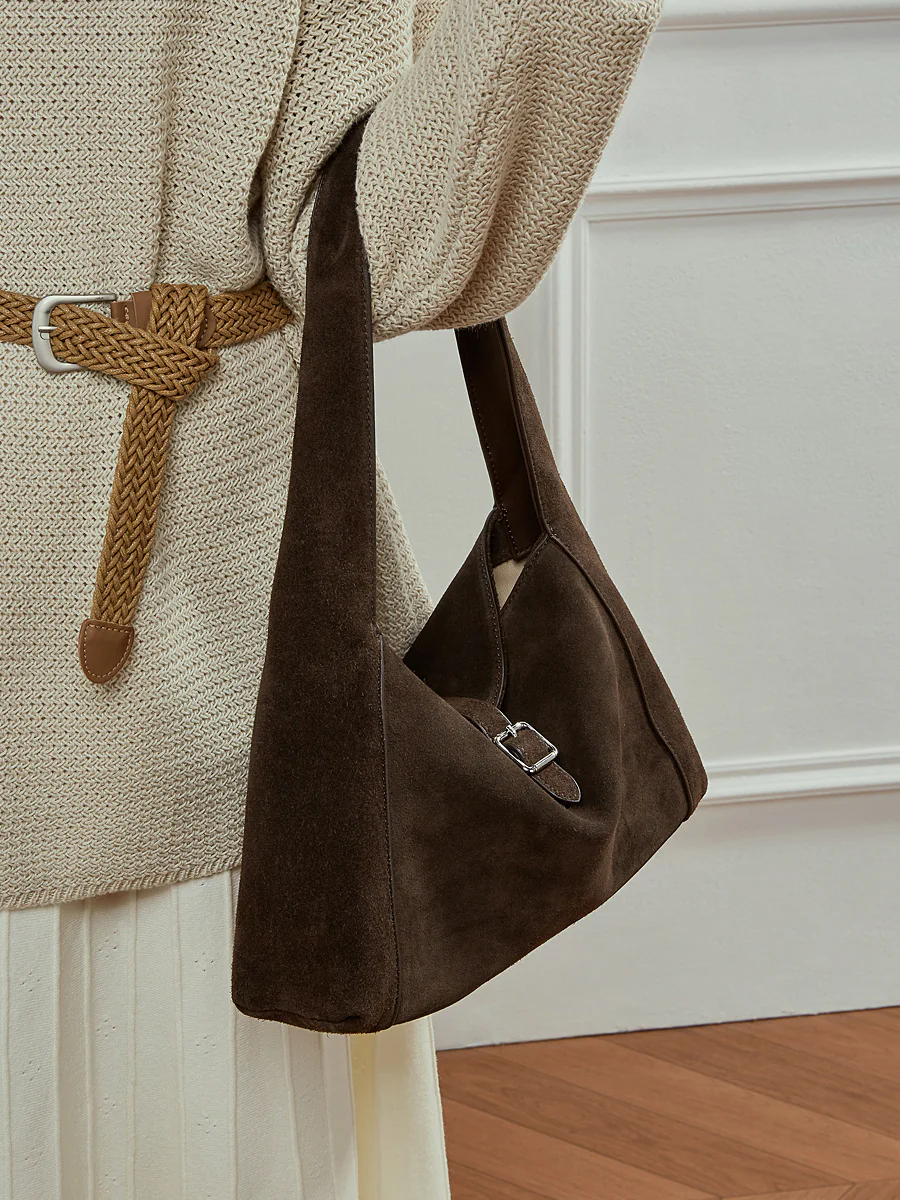Suede Triangle Shoulder Bag — BODA leather handbag manufacturing